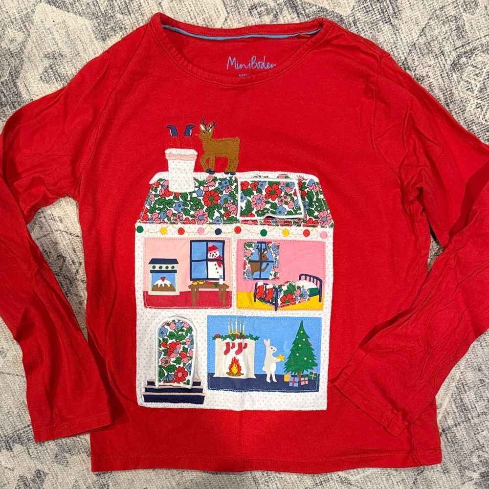 Mini Boden Red Long Sleeve Shirt with Festive House Design